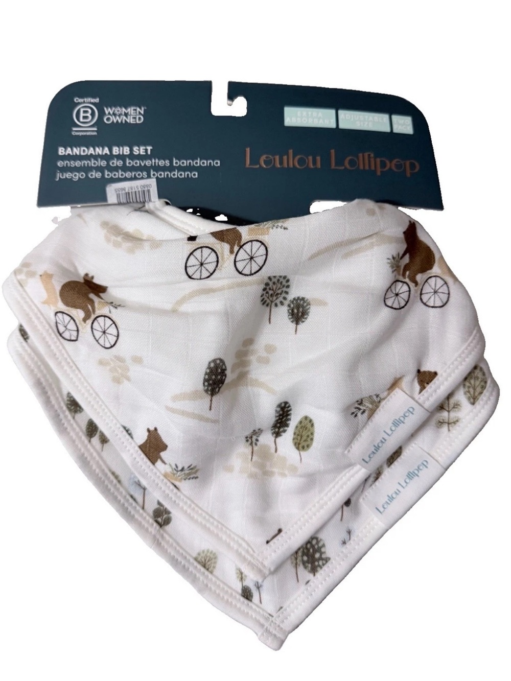 Loulou Lollipop Baby Bandana Bib 2-Pack, Bears On Bikes, 3 - 12 Months, NWT $20